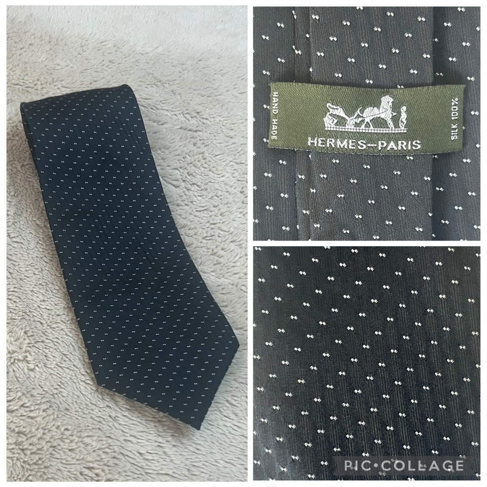 Hermes Paris 100% Silk Navy Polka Dot Tie Hand Made